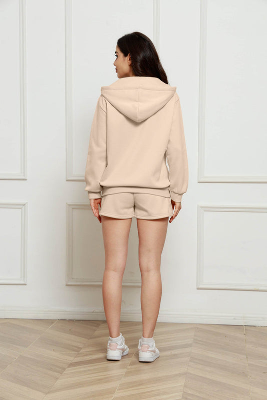 Zip Up Drawstring Hoodie and Shorts Set - Hovatok