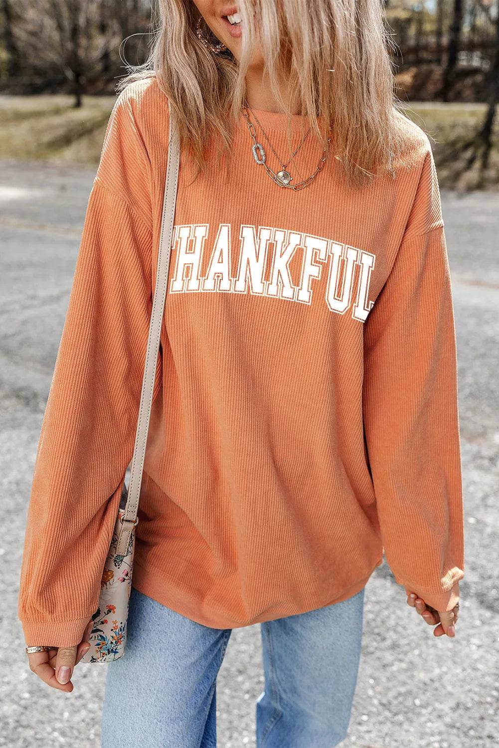 THANKFUL Round Neck Long Sleeve Sweatshirt - Hovatok
