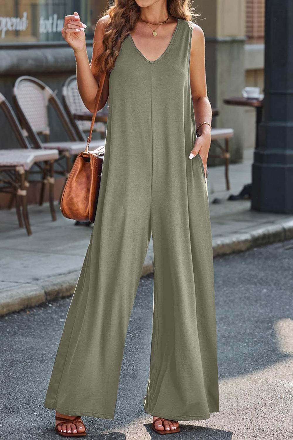 Full Size V-Neck Wide Strap Jumpsuit - Hovatok