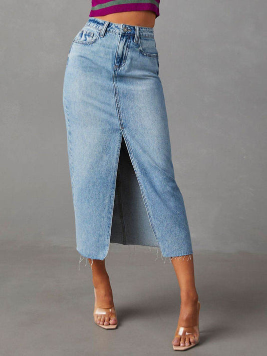Raw Hem Front Slit Denim Midi Skirt - Hovatok
