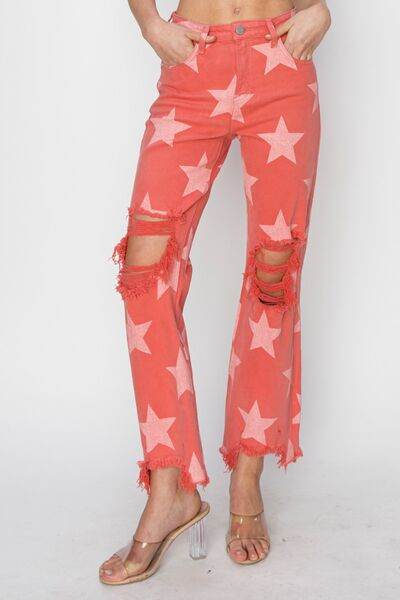 RISEN Full Size Distressed Raw Hem Star Pattern Jeans - Hovatok