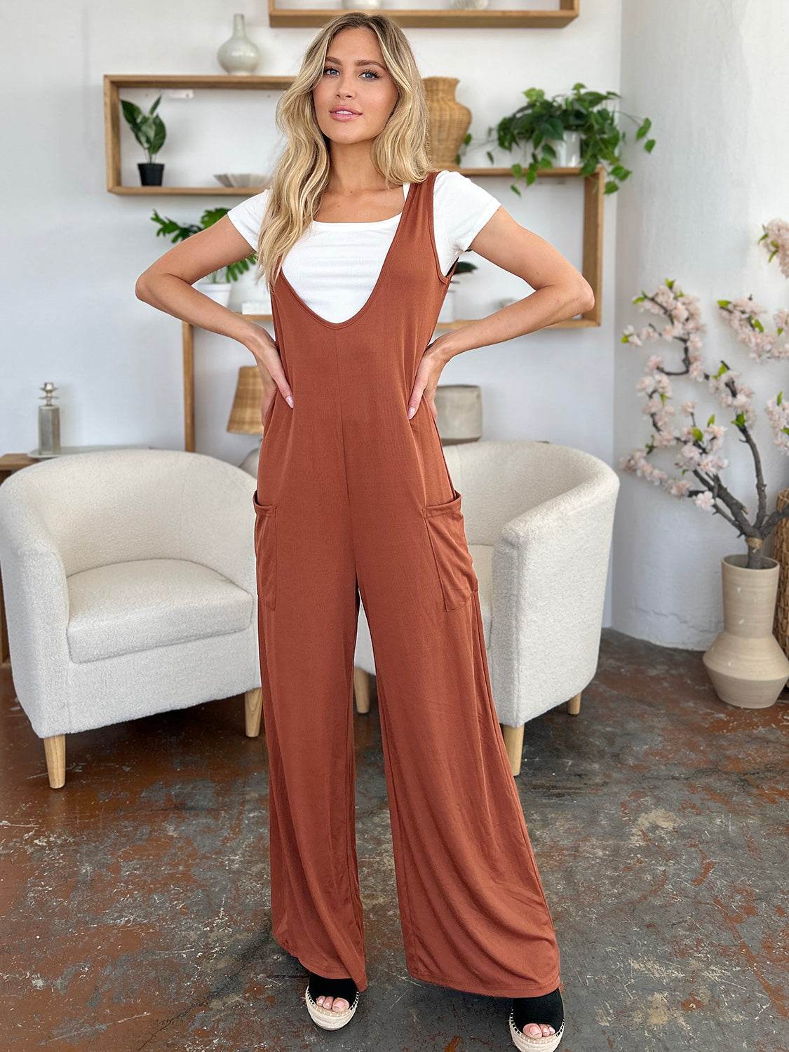 Double Take Full Size Sleeveless Wide Leg Jumpsuit with Pockets - Hovatok
