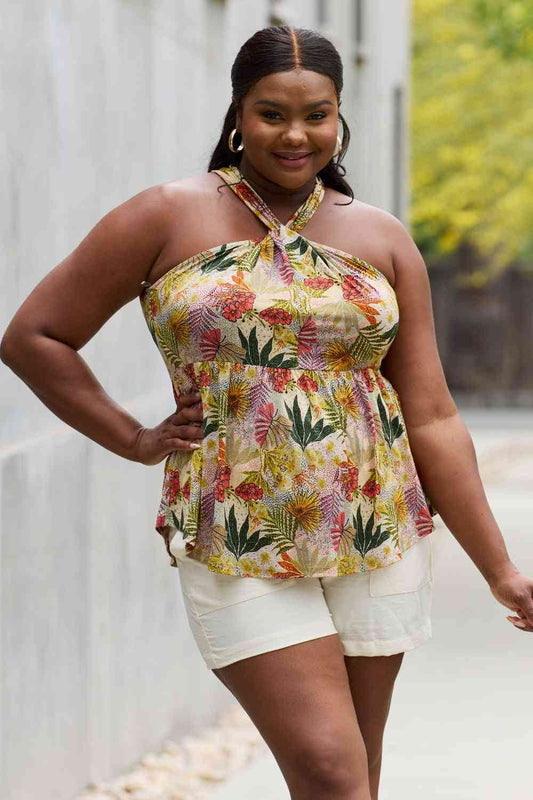 Be Stage Full Size Floral Halter Top in Green - Hovatok
