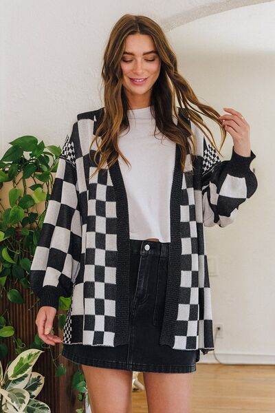 Annie Wear Checkered Open Front Drop Shoulder Cardigan - Hovatok