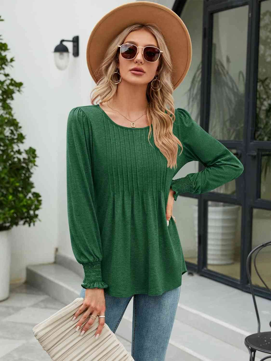 Smocked Round Neck Lantern Sleeve Blouse - Hovatok