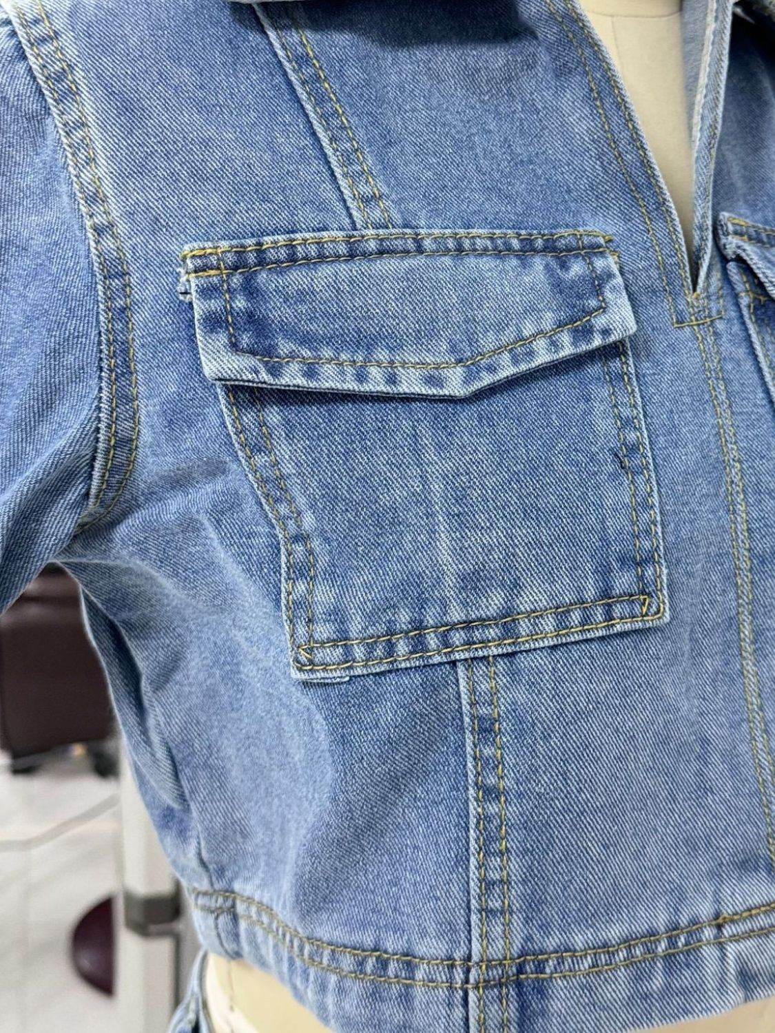 Johnny Collar Short Sleeve Top and Skort Denim Set - Hovatok