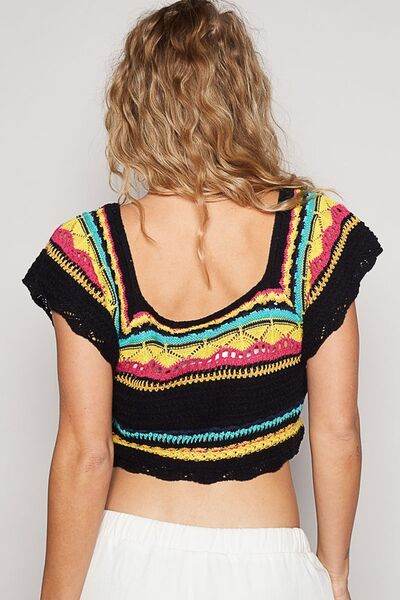 POL Openwork Ethnic Pattern Square Neck Cropped Knit Top - Hovatok