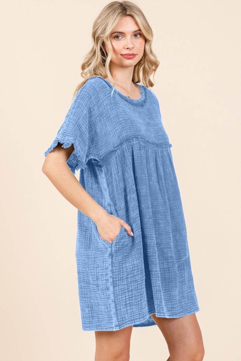 Culture Code Full Size Short Sleeve Babydoll Texture Dress with Pockets - Hovatok