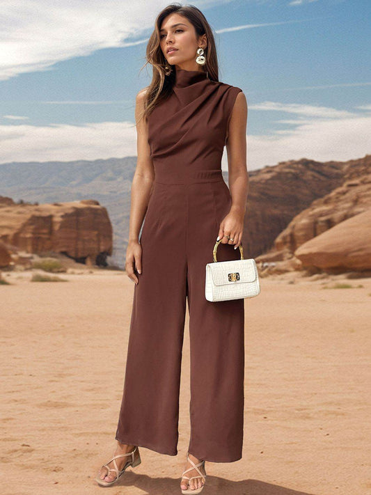 Perfee Ruched Mock Neck Sleeveless Jumpsuit - Hovatok