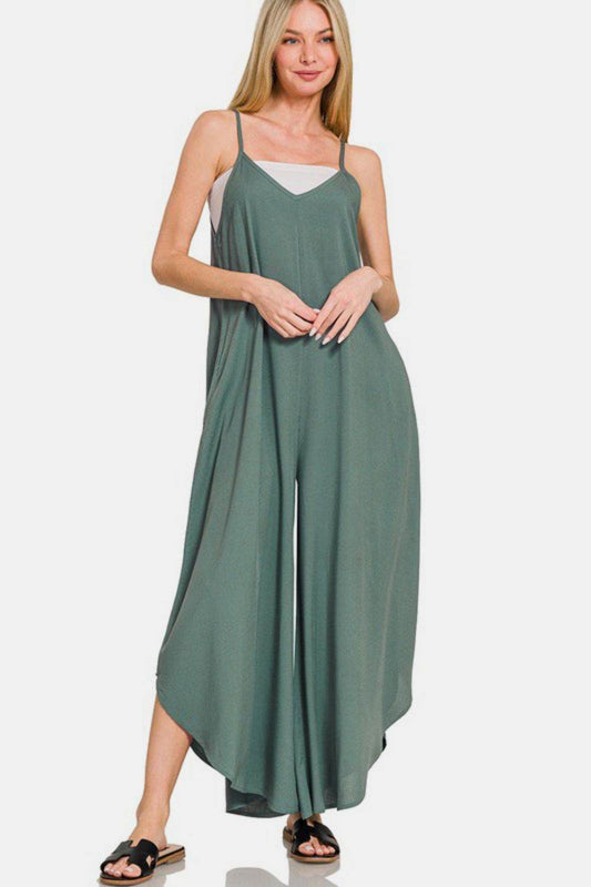 Zenana Sleeveless Curved Hem Wide Leg Overalls with Pockets - Hovatok