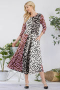 Celeste Full Size Leopard Color Block Front Tie Midi Dress Plus Size - Hovatok