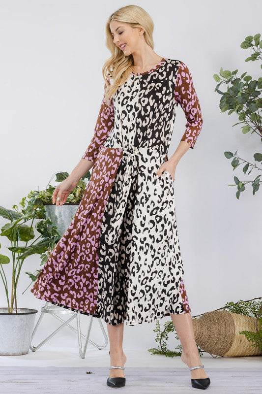 Celeste Full Size Leopard Color Block Front Tie Midi Dress Plus Size - Hovatok
