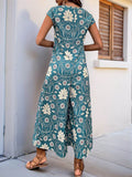 Perfee Printed Round Neck Cap Sleeve Wide Leg Jumpsuit - Hovatok