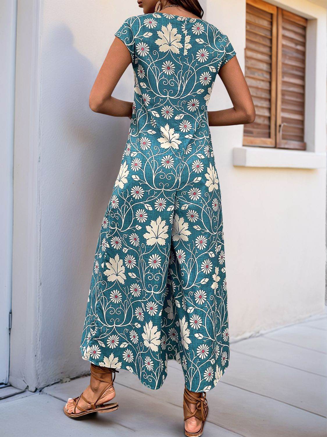 Perfee Printed Round Neck Cap Sleeve Wide Leg Jumpsuit - Hovatok