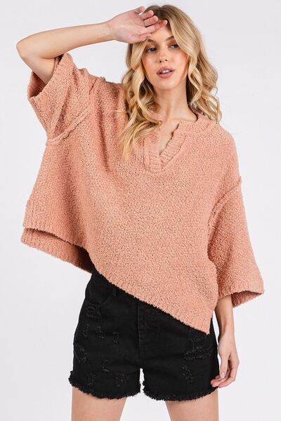 Mittoshop Side Slit Notched Drop Shoulder Sweater - Hovatok