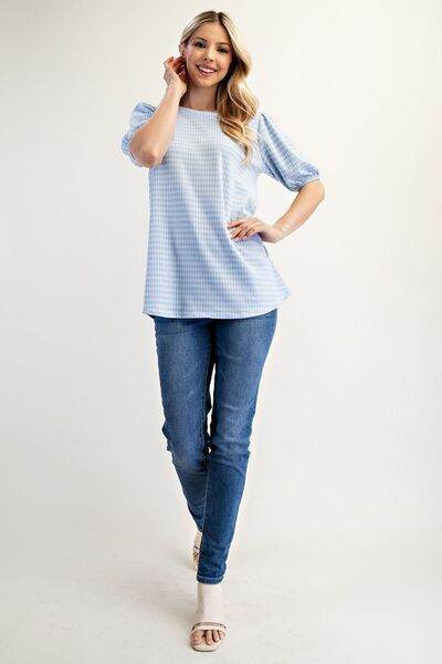 Celeste Full Size Gingham Print Top With Puff Sleeves Plus Size - Hovatok