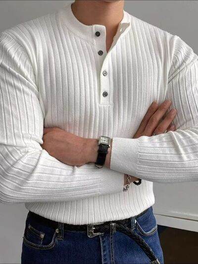 Button Detail Ribbed Long Sleeve Men's Knit Top - Hovatok