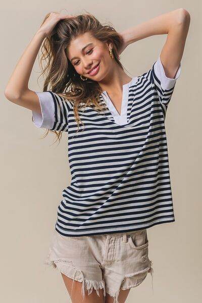 BiBi Contrast Striped Notched Knit Top - Hovatok