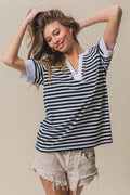 BiBi Contrast Striped Notched Knit Top - Hovatok