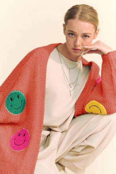 Davi & Dani Fuzzy Smile Open Front Long Sleeve Cardigan - Hovatok