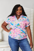 Double Take Floral Notched Neck Short Sleeve Top - Hovatok
