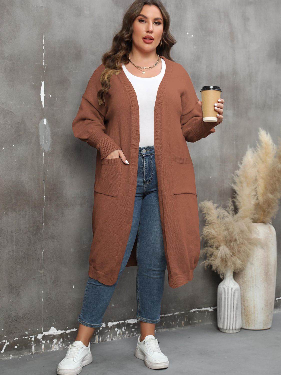 Plus Size Long Sleeve Pocketed Cardigan - Hovatok