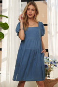ADORA Square Neck Puff Sleeve Denim Dress - Hovatok