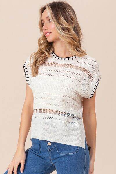 BiBi Stitch Edge Pointelle Side Slit Sweater Vest - Hovatok