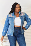 Baeful Leopard Floral Distressed Raw Hem Denim Jacket - Hovatok