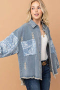 And The Why Full Size Paisley Print Quilted Sleeves Denim Jacket - Hovatok