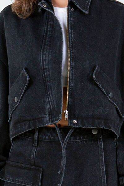 American Bazi Drawstring Waist Crop Denim Jacket - Hovatok