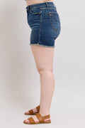 Judy Blue Tummy Control Fray Hem & Shield Back Pockets Denim Shorts - Hovatok