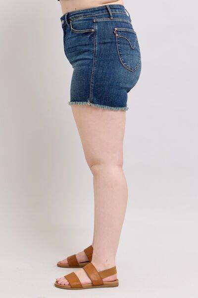 Judy Blue Tummy Control Fray Hem & Shield Back Pockets Denim Shorts - Hovatok