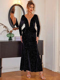 Ruffled Plunge Long Sleeve Dress - Hovatok
