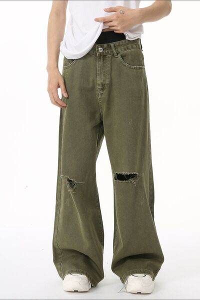 Distressed Wide Leg Jeans with Pockets - Hovatok