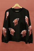 BiBi Sequin Fringe Football Patch Round Neck Sweatshirt - Hovatok