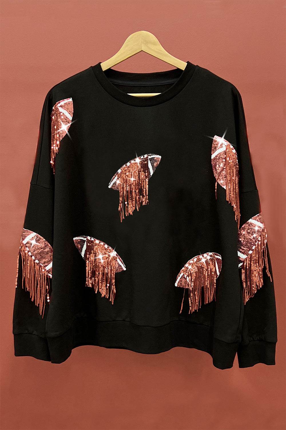 BiBi Sequin Fringe Football Patch Round Neck Sweatshirt - Hovatok
