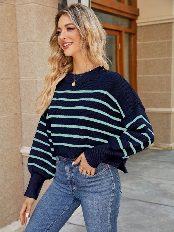 Round Neck Striped Lantern Sleeve Sweater - Hovatok