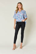 Double Take Full Size Printed V-Neck Short Sleeve Blouse - Hovatok