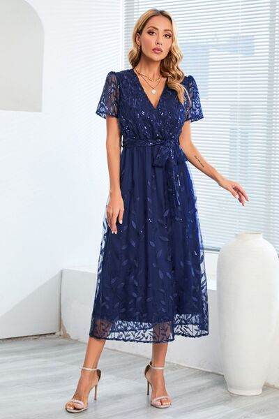Sequin Leaf Embroidery Tie Front Short Sleeve Dress - Hovatok