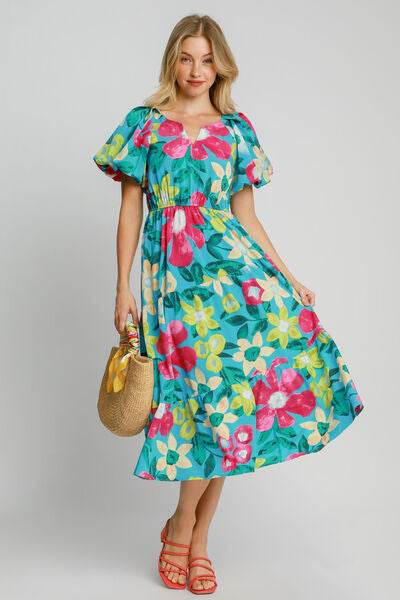 Umgee Full Size Tiered Floral Print Notched Puff Sleeve Midi Dress Plus Size - Hovatok