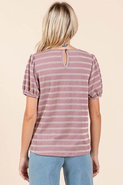 Mittoshop Contrast Striped Short Puff Sleeve Knit Top - Hovatok