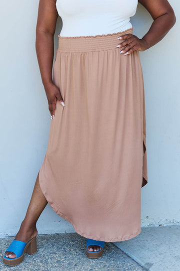 Doublju Comfort Princess Full Size High Waist Scoop Hem Maxi Skirt in Tan - Hovatok