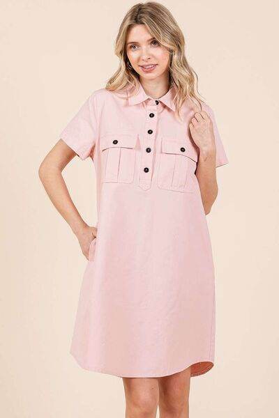 Mittoshop Button Detail Collared Neck Short Sleeve Shirt Dress - Hovatok