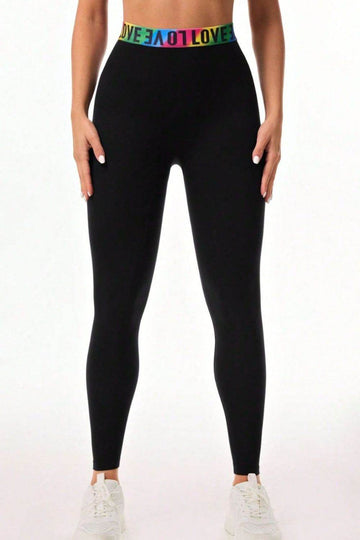 Letter Printed High Waist Active Leggings - Hovatok