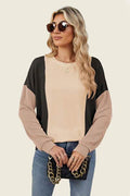Double Take Texture Contrast Round Neck Long Sleeve T-Shirt - Hovatok