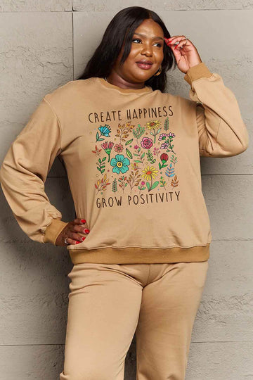 Simply Love Full Size CREATE HAPPINESS GROW POSITIVITY Graphic Sweatshirt - Hovatok