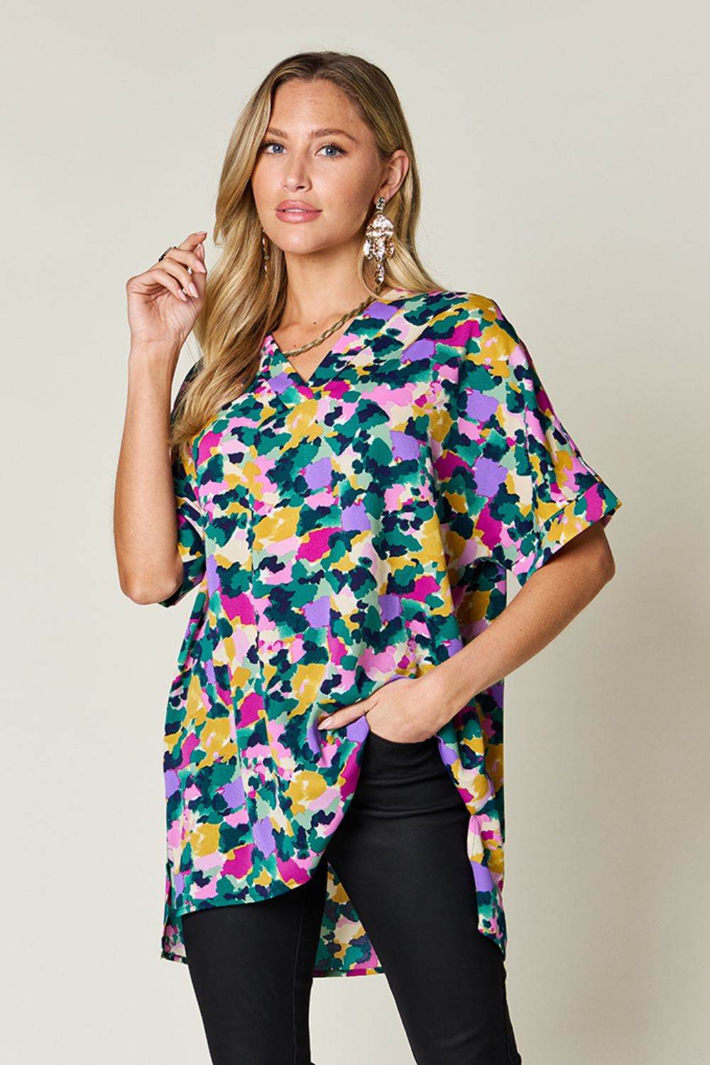 Double Take Full Size Printed V-Neck Short Sleeve Side Slit Top - Hovatok