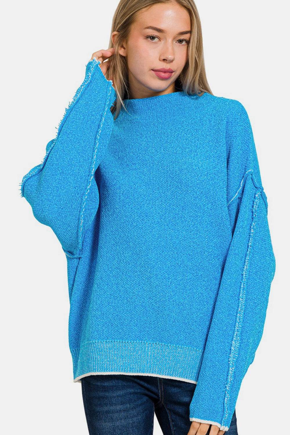 Zenana Exposed Seam Mock Neck Long Sleeve Sweater - Hovatok