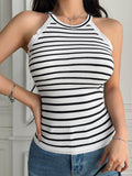Devine Lace Detail Striped Round Neck Tank - Hovatok